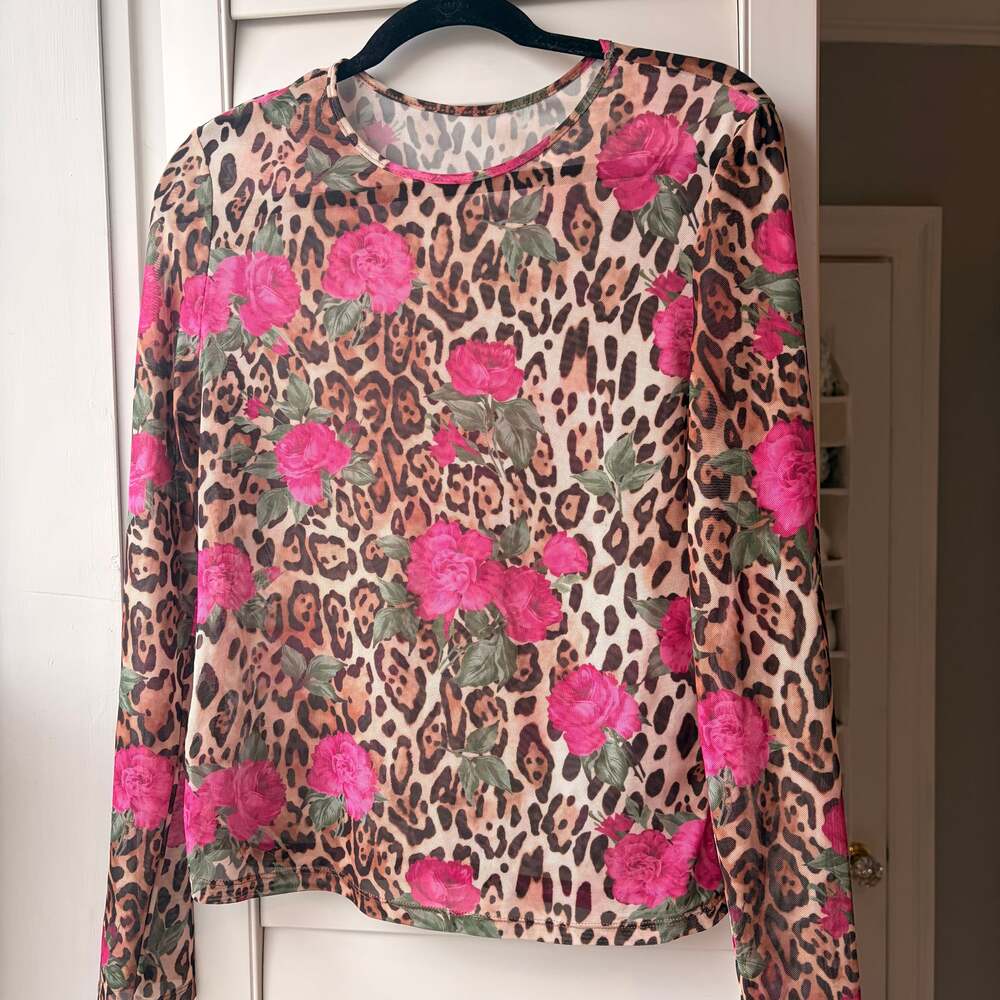 Y2K Sheer Rose Leopard Long Sleeve Layering Top Delicate XL/12